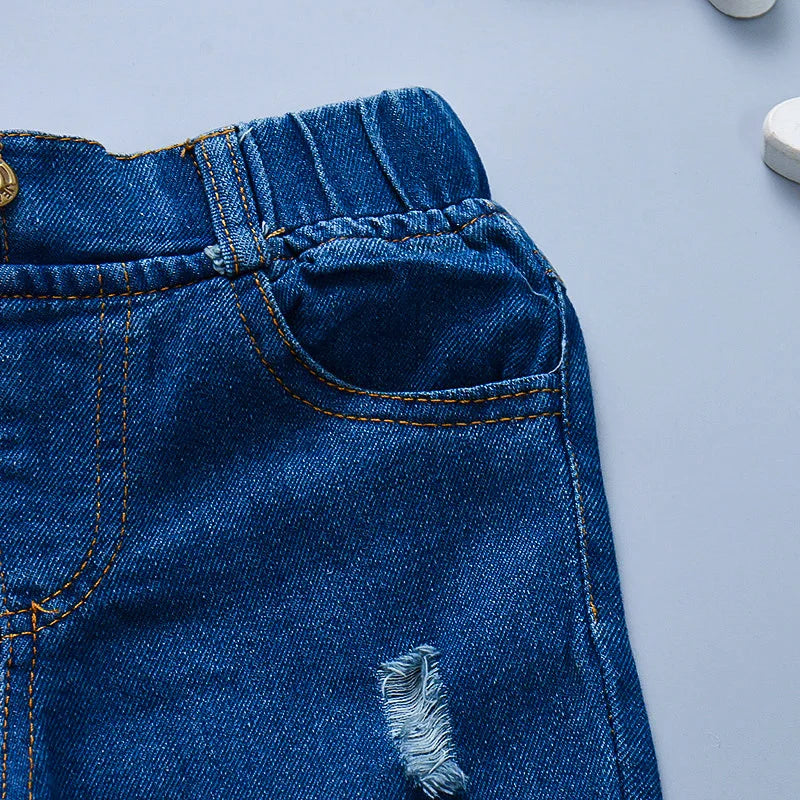 Children's Jeans Baby Girl's Fashion Pants with Holes Cute Children's Soft Denim Casual Pants