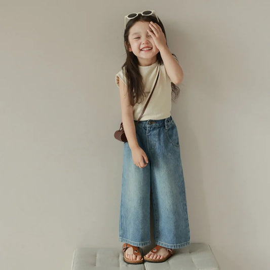 Pantalones vaqueros de cintura alta y pierna ancha para niñas de 3 a 8 años, lisos, con múltiples bolsillos y cintura elástica, pantalones vaqueros casuales de moda para niños.