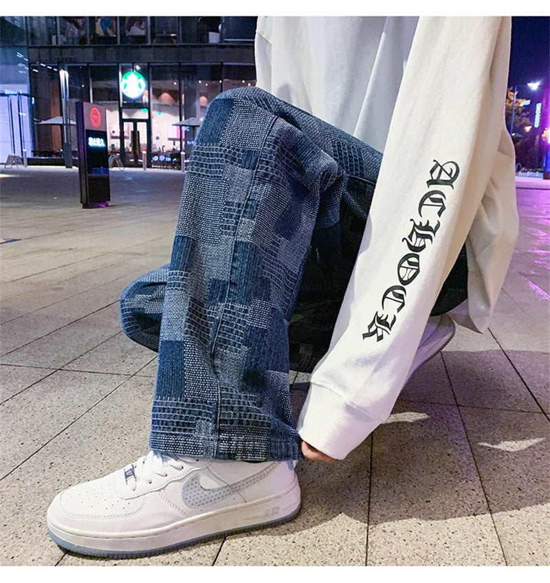 Autumn Blue Black Plaid Jeans For Men Y2K Vintage Wide-leg Jean High Street Loose Straight Denim Trousers Hip Hop Pantalones