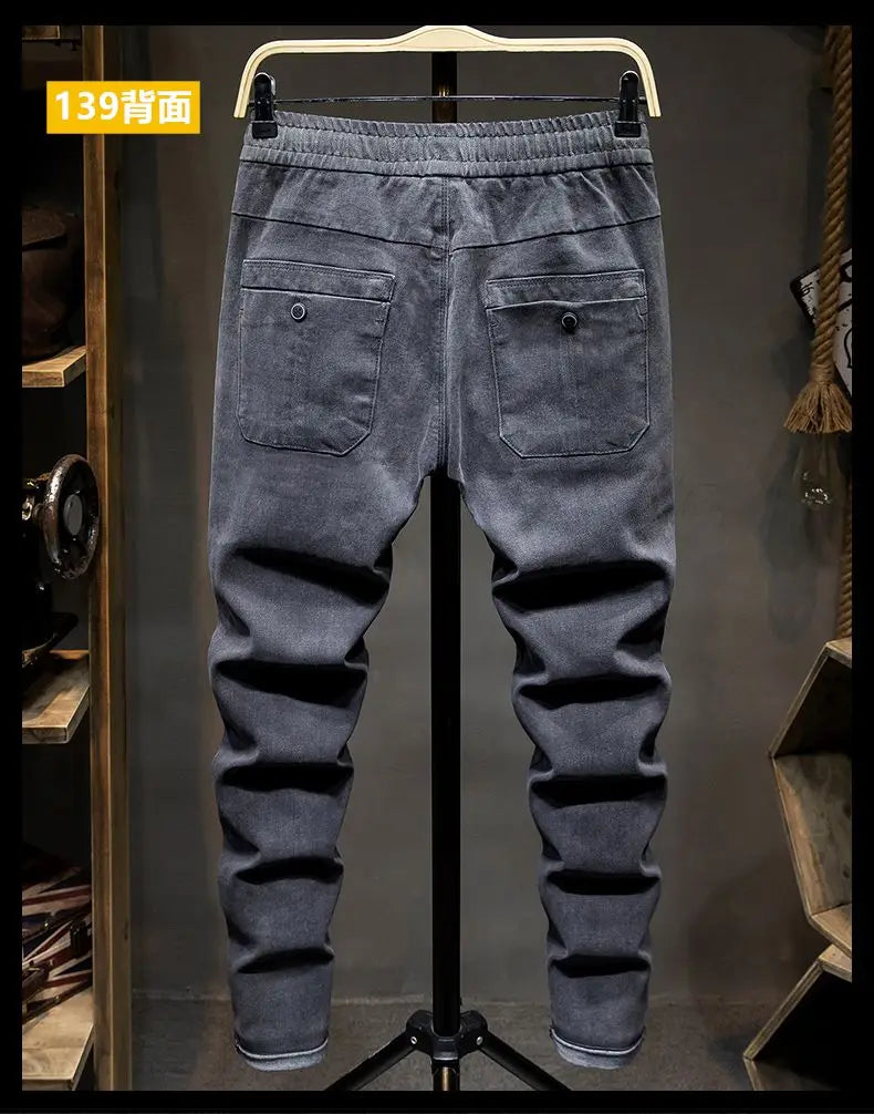 Spring Autumn 2022 New Drawstring Elastic Waist Denim Jeans Men's Slim Feet Pants Korean Fashion Casual Pants Harem Baggy Jeans