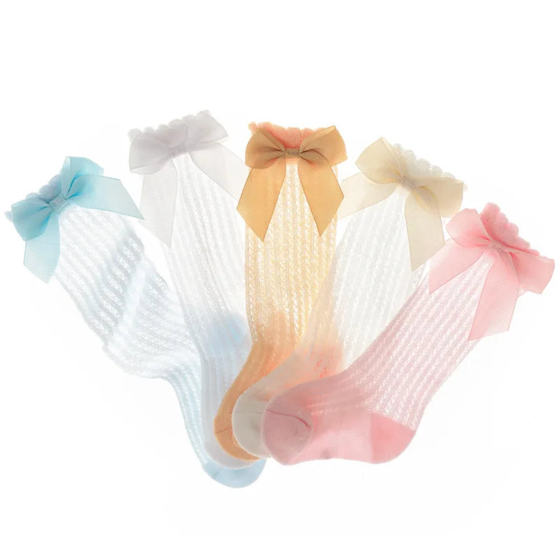 0-2Years Baby Girl Socks with Bow Summer Toddler Baby Cotton Mesh Knee Socks Newborn Infant Non-slip Baby Princess Long Socks