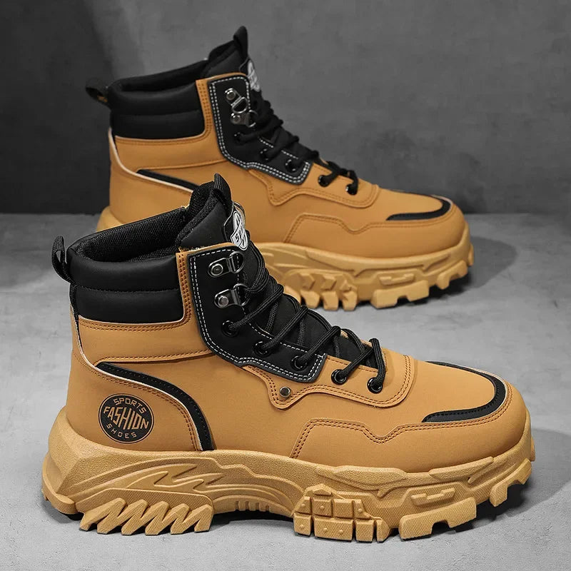 Botas de hombre de algodón, estilo británico, de caña alta, con refuerzos de PU, suela gruesa, cierre de cordones, cómodas y antideslizantes, ideales para deportes de montaña.