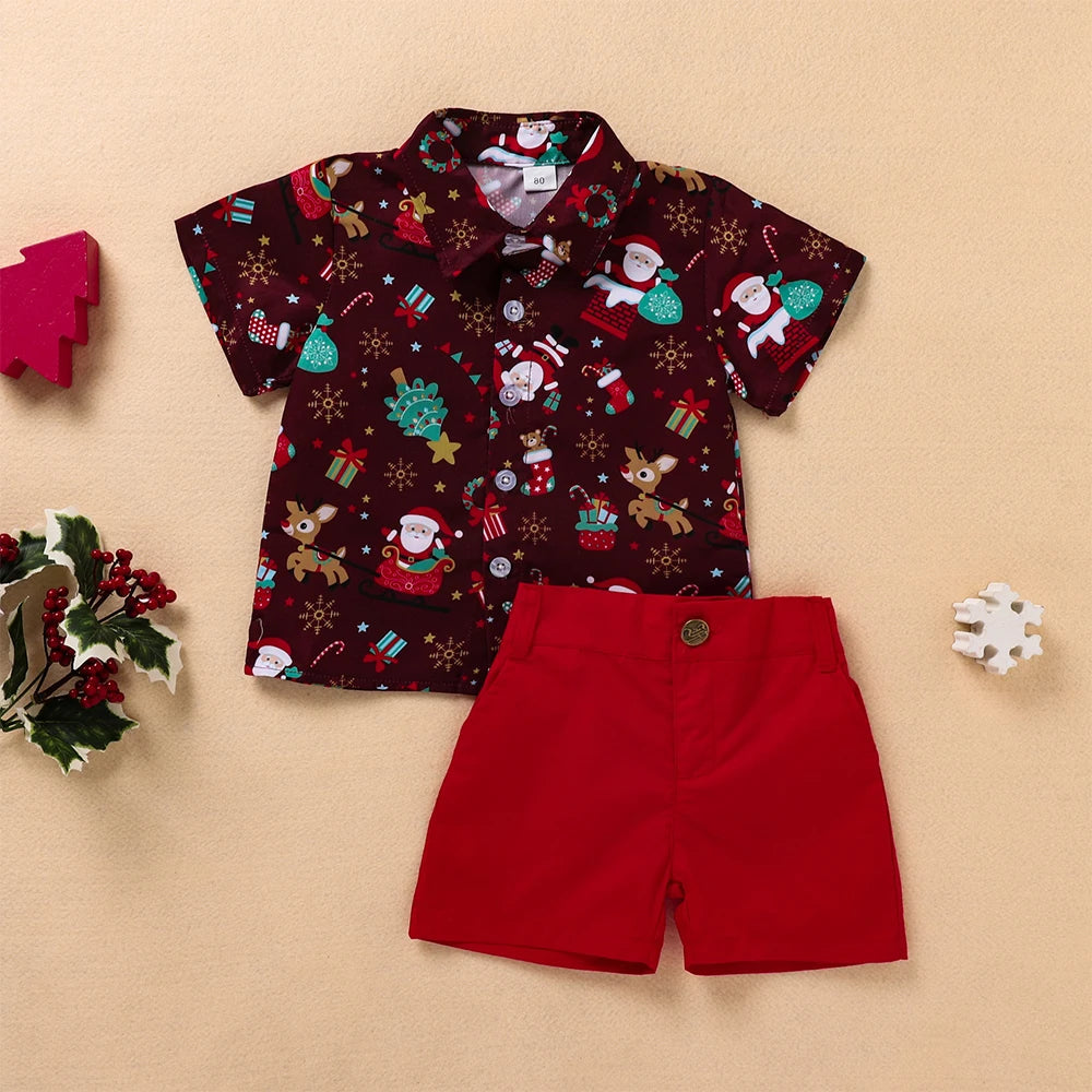 Ceeniu 1-5Y New Year Costume For Boy Christmas Outfit Santa Deer Printed Necktie Shirts and Red Pants Children Christmas Clothes