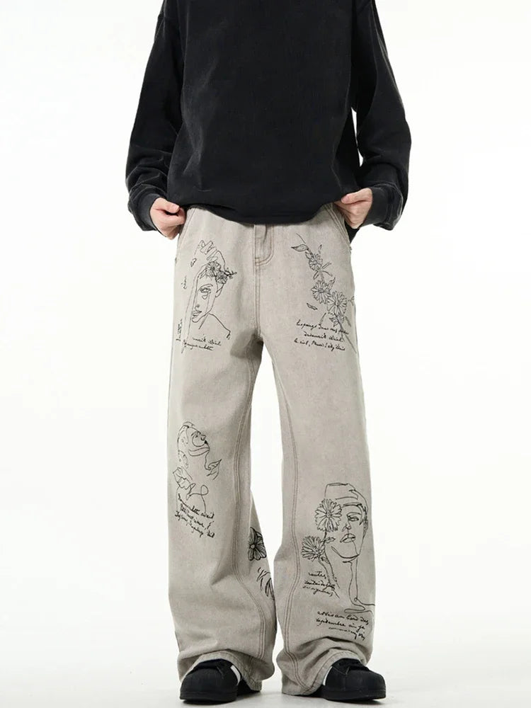 American Retro Graffiti Graphic Printed Jeans For Men Harajuku Fashion Baggy Denim Pants Distressed Y2K Streetwear Jean Trousers