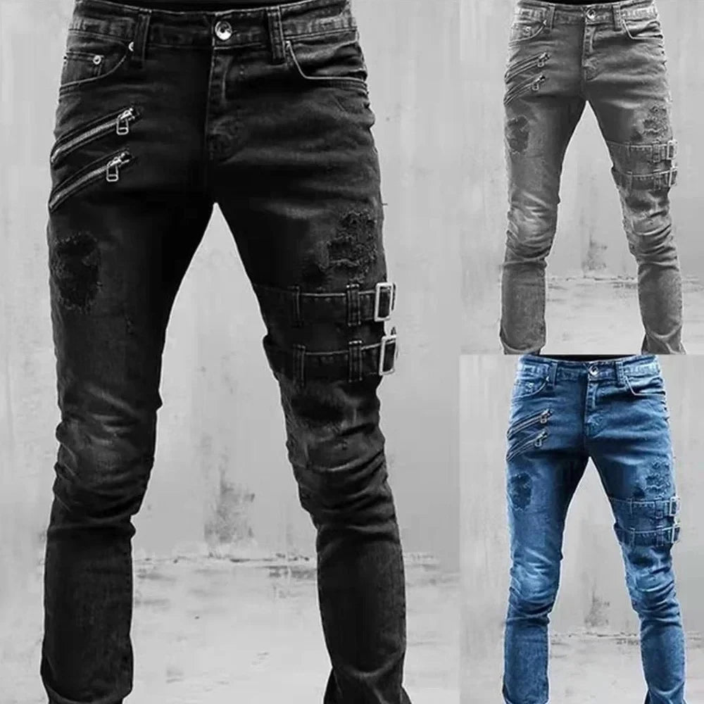 Pantalones vaqueros rectos de talla grande para hombre, primavera y verano, estilo boyfriend, ajustados, con cremallera, 3 colores, largos y casuales, 2024