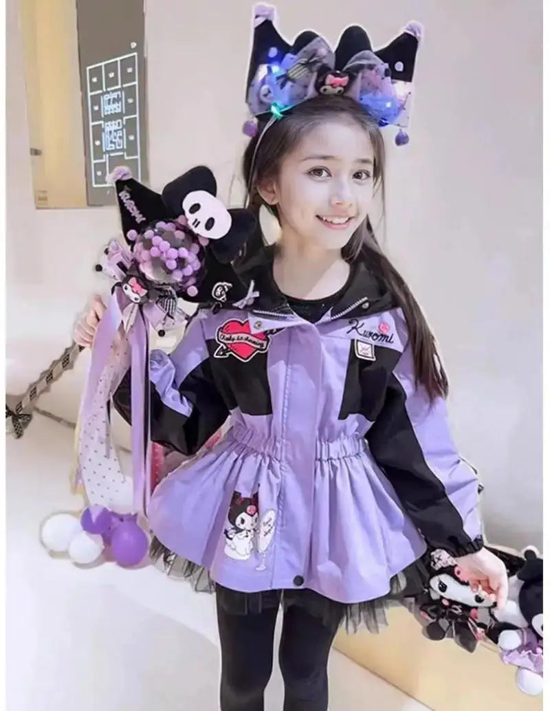 Kuromi Kawaii Kids Girls Jacket Autumn New Cartoon Cinnamoroll Fashion Outdoor Hooded Embroidery Jacket Retract Waist Jackets
