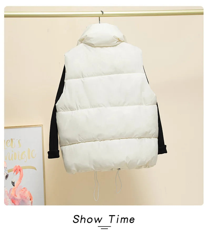 Women Vest Parkas Sleeveless Solid Jackets Zipper Splice Thick Vests Pockets Stand Collar Coats Warm Elegant Lady Parka