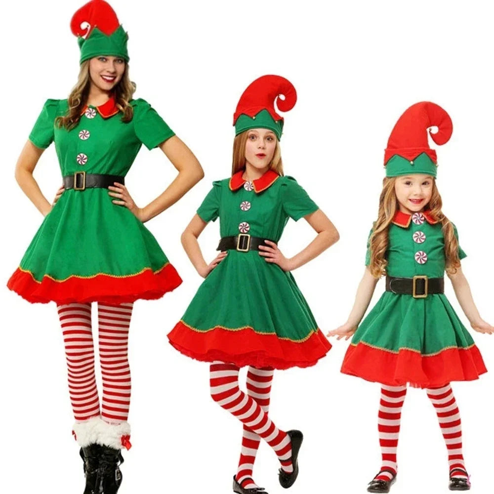 2025Christmas elf costumes, Santa Claus costume sets green elves Halloween cosplay