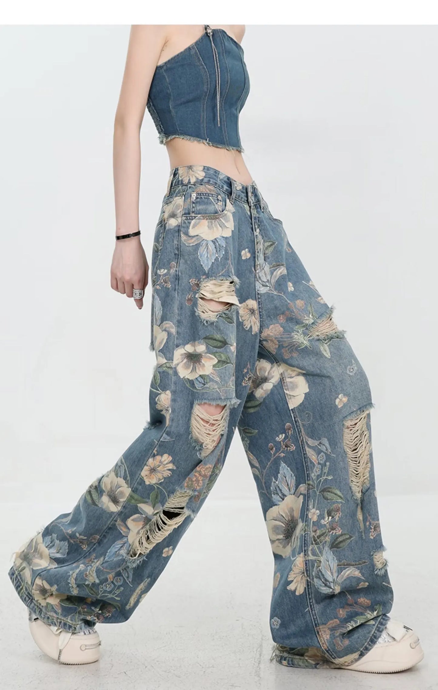 American Street Print Jeans For Women Trendy Style Loose And Versatile Floor-length Wide-leg Pants With A Versatile Design