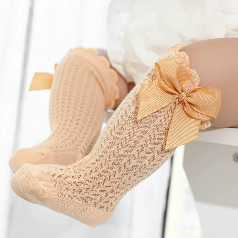 0-2Years Baby Girl Socks with Bow Summer Toddler Baby Cotton Mesh Knee Socks Newborn Infant Non-slip Baby Princess Long Socks