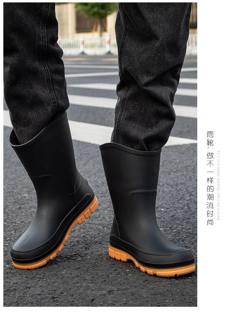 Bottes de pluie décontractées pour hommes, imperméables et antidérapantes, tige mi-haute, chaussures de travail tendance en caoutchouc (prendre une pointure au-dessus pour les modèles en coton)