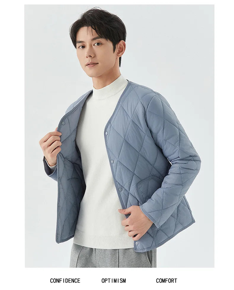 Men's Winter New Lightweight Single-breasted Padded Jacket with Pockets, Young Man Solid Color Argyle Casual Warm Padded Jacket