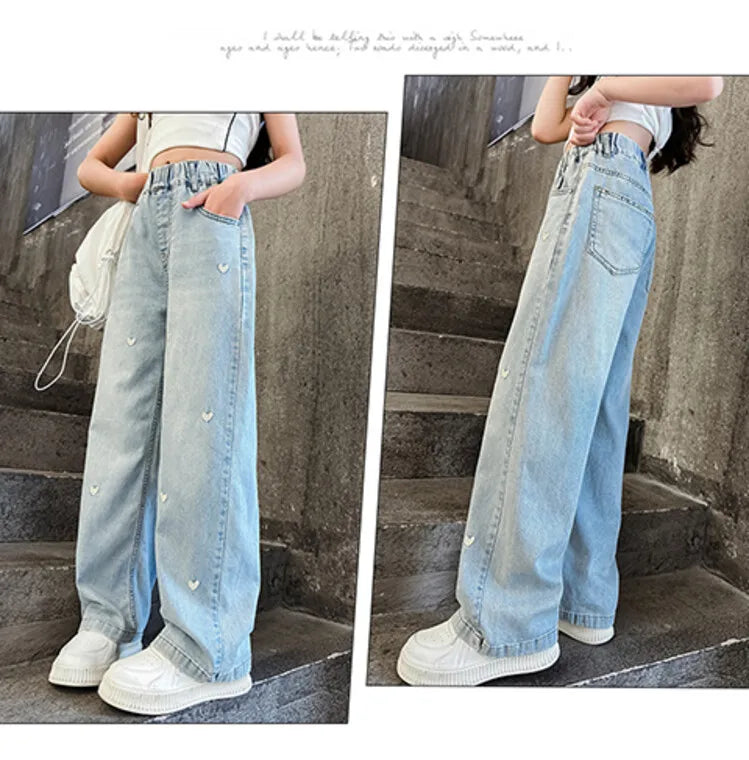 Ropa de verano para niñas, pantalones vaqueros con bandas elásticas y diseño de corazón para niñas, pantalones vaqueros Tencel finos y rectos con pierna ancha.