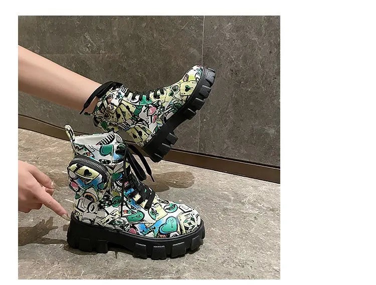 Thick-soled Women's Ankle Boots Fashion Printed Women Shoes High Quality Non-slip Motorcycle Boots New Gothic Style Women Boots