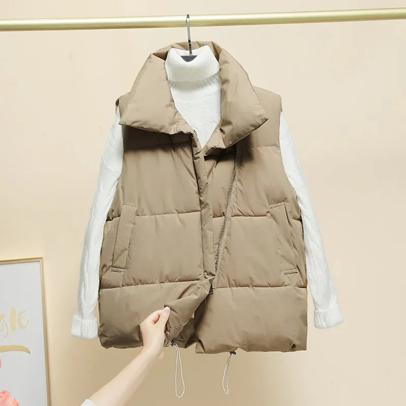 Women Vest Parkas Sleeveless Solid Jackets Zipper Splice Thick Vests Pockets Stand Collar Coats Warm Elegant Lady Parka
