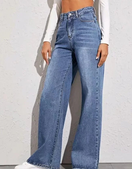 Vaqueros holgados de cintura alta para mujer, vaqueros azules lavados con cremallera y hasta los tobillos, pantalones vaqueros rectos informales para mujer