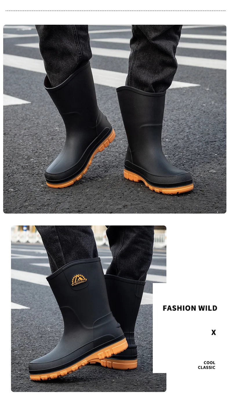 Bottes de pluie décontractées pour hommes, imperméables et antidérapantes, tige mi-haute, chaussures de travail tendance en caoutchouc (prendre une pointure au-dessus pour les modèles en coton)