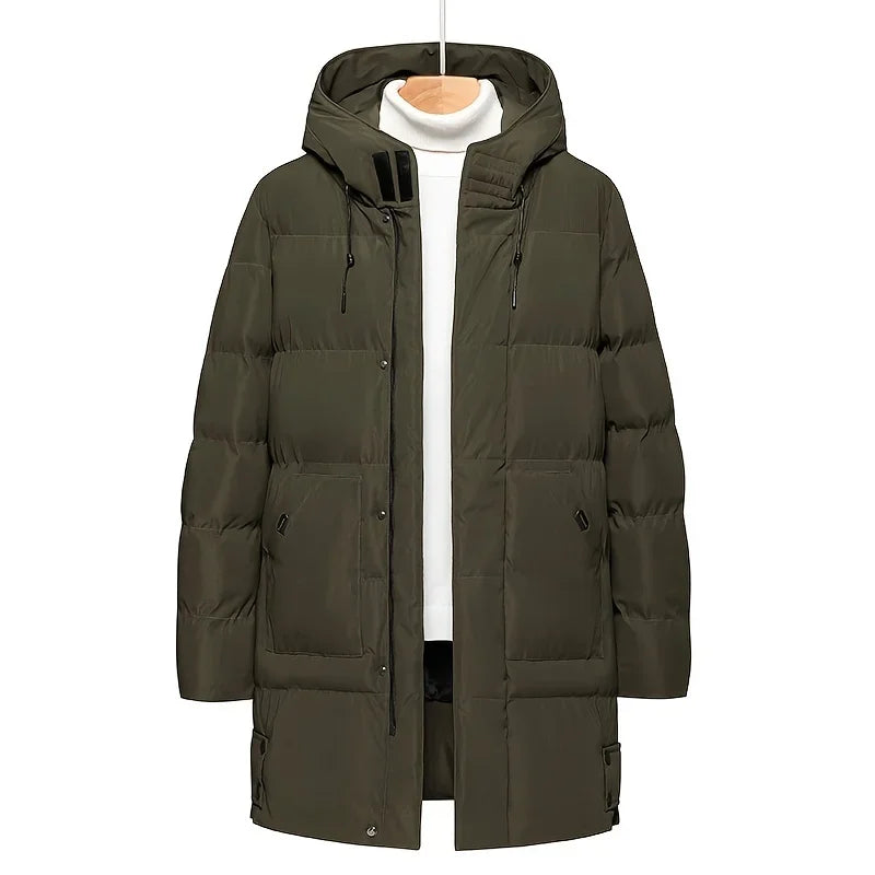 2024 Warm Hooded Mid-length Jacket Mens Casual Zip Up Cotton Padded Jacket Overcoat Autumn Winter Windbreaker Coats Men Clothing