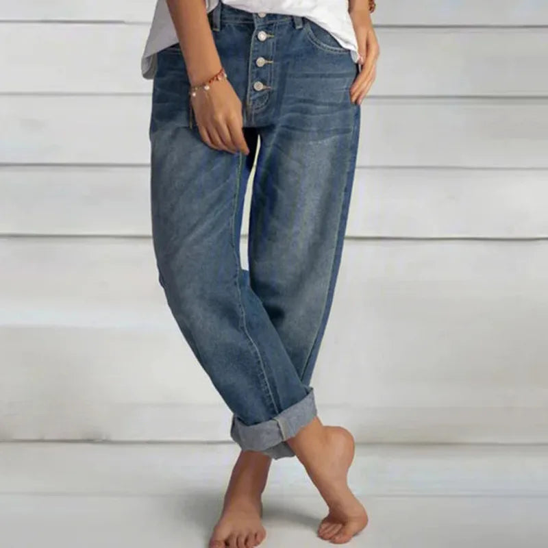 Jeans Straight Pants Women Denim Spliced Button Loose Pockets High Waist Wash Ankle Length 2024 Vintage Distressed Basics