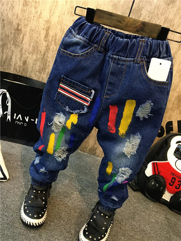 Pantalones vaqueros para niñas de 1 a 7 años, informales, con agujeros y estampado de gato de dibujos animados, para primavera y otoño