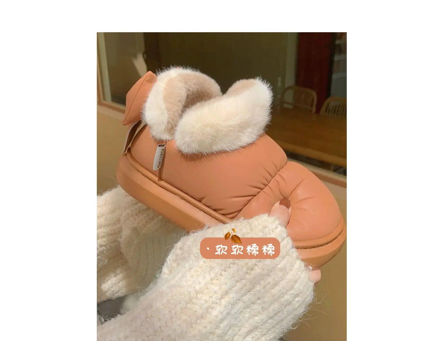 Bow Knot Short Ankle Snow Boots Women Winter Plush And Thick Insulation Waterproof PU Cotton Household Shoes Home Slipper Women