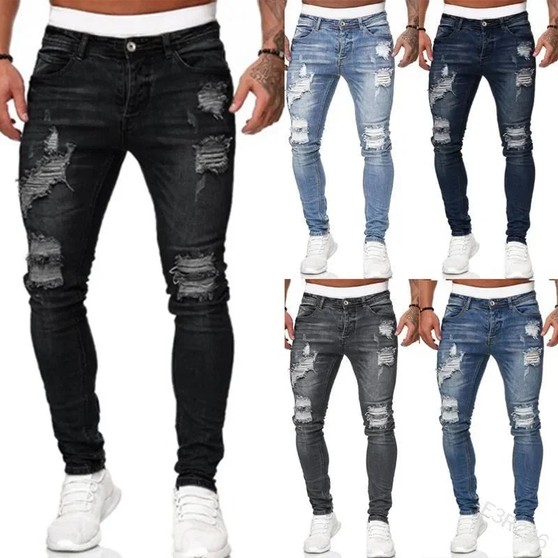 Ripped Men Jeans Denim Pant Mid Waist Slim Fit  Vintage Denim Wash Punk Style Skinny Pencil Pants Distressed Holes Ankle Length