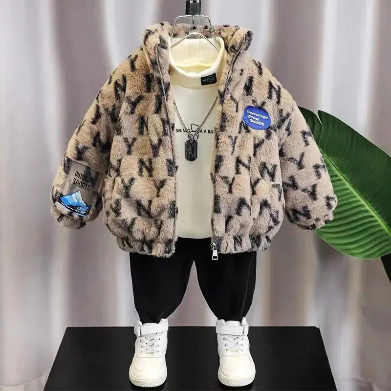 Autumn/Winter Children's Jacket New Boys' and Girls' Thick Cotton Jacket with Velvet and Clip on Cotton Top