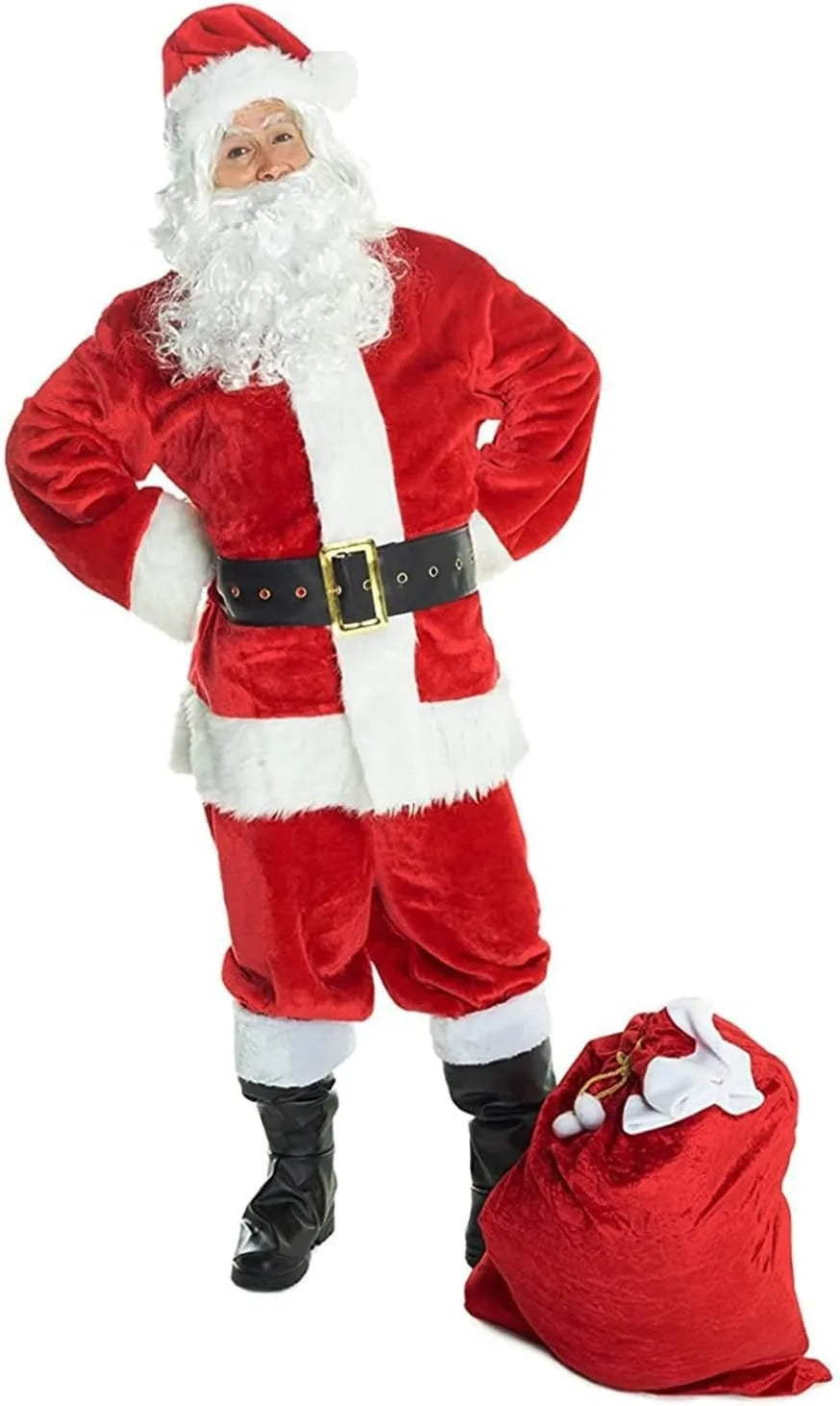 Christmas Santa Claus Costume Men's Luxurious Long Plush Gold Velvet Set Red Gift Bag Set of 8 Pieces