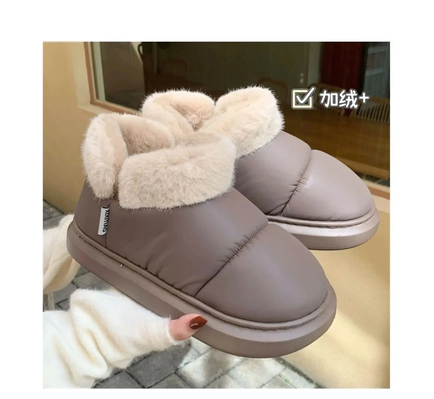 Bow Knot Short Ankle Snow Boots Women Winter Plush And Thick Insulation Waterproof PU Cotton Household Shoes Home Slipper Women
