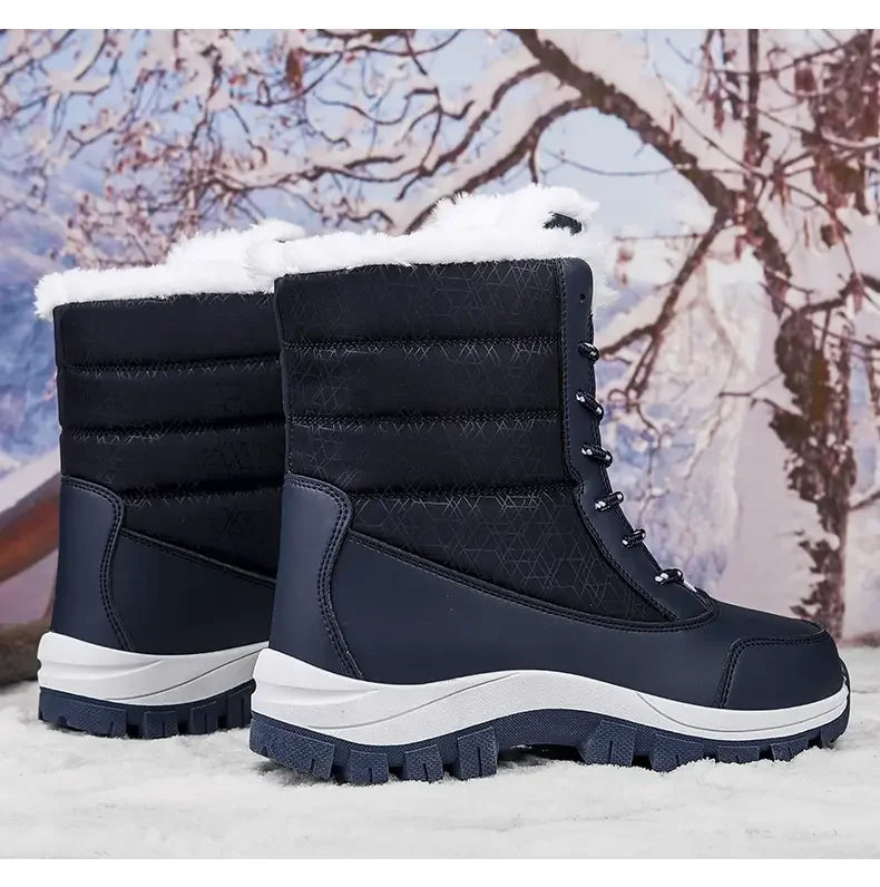 Winter Women's Waterproof High Heel Boots Strap Up Flat Heel Boots Warm Snow Shoes, Plush Outdoor Fashion Casual Boots