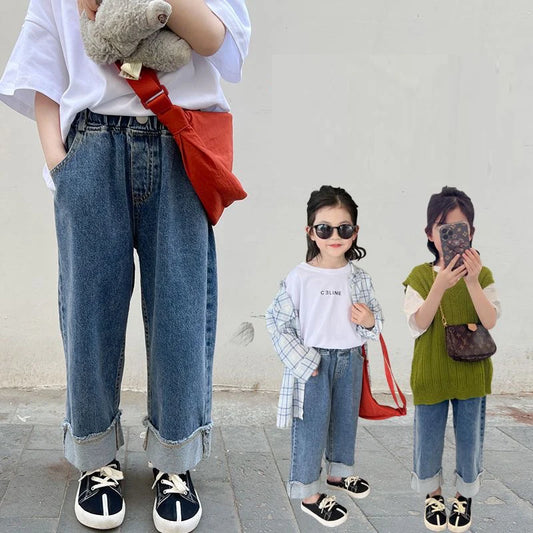 Spring summer Kids crimped wide leg jeans Boys and girls loose thin denim pants Children fashion casual trousers