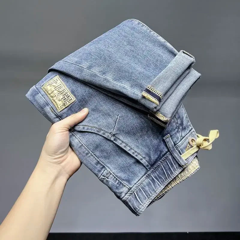 Pantalones vaqueros de lujo para hombre, moda coreana, primavera y verano, con cordón elástico, lavados, estilo cargo, holgados y cónicos