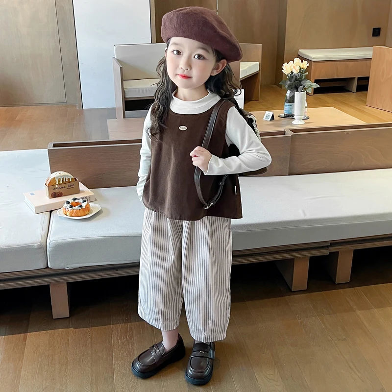 Girls Autumn Spring Clothing Set Fashion Children's Bow Tie Vest + Undershirt + Wide-Leg Pants Three-Piece Set 2025 New