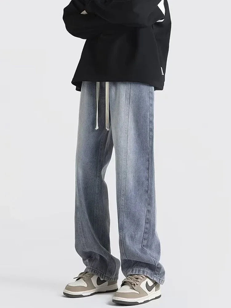 New Korean Fashion Baggy Jeans For Men Classic Drawstring Straight Denim Pants Y2K Vintage Jean Streetwear Wide-leg Trousers