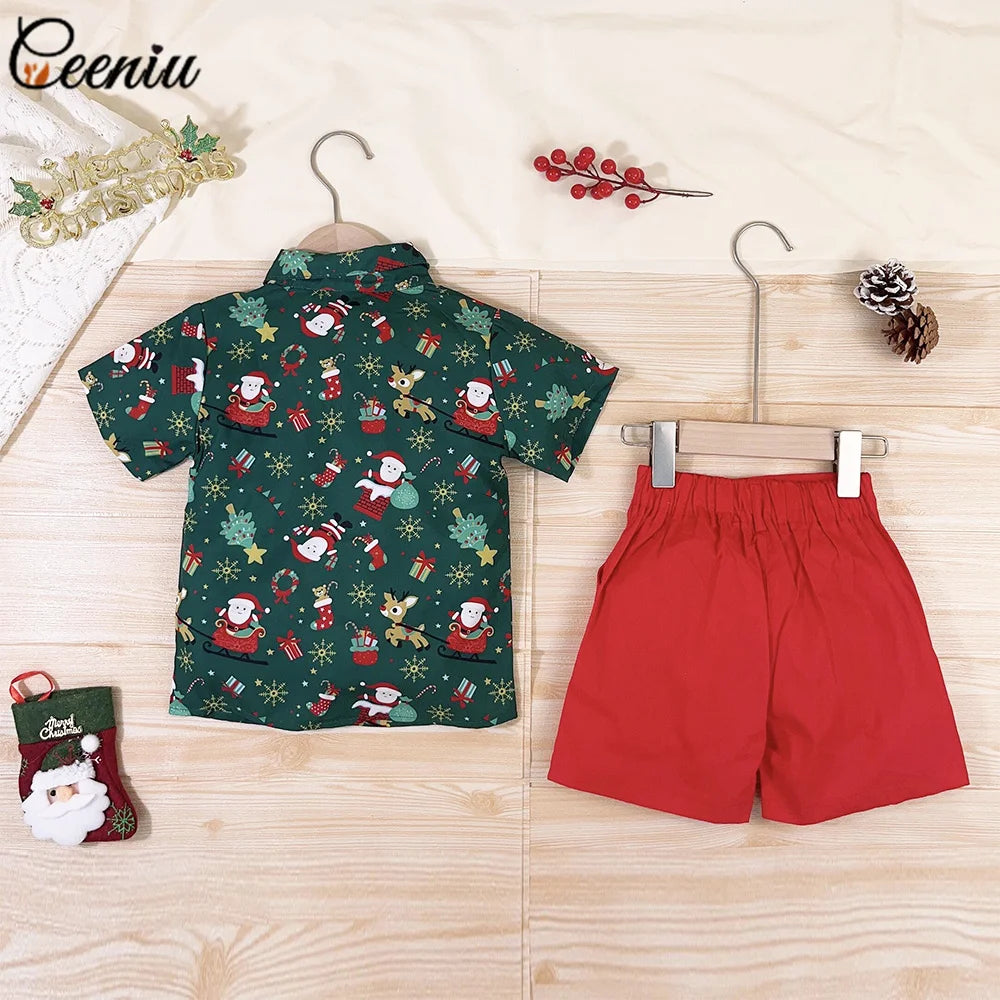 Ceeniu 1-5Y New Year Costume For Boy Christmas Outfit Santa Deer Printed Necktie Shirts and Red Pants Children Christmas Clothes