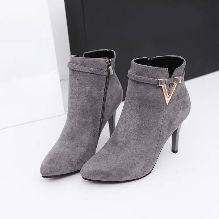 Botas de tacón fino de aguja con punta puntiaguda de piel sintética con cremallera, sexys, hasta el tobillo, para mujer, tacones altos rojos de 9 cm, para primavera y otoño, talla 40