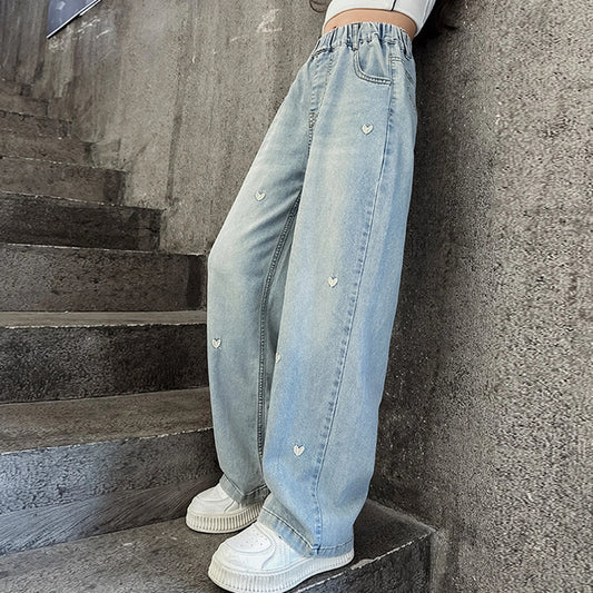 Ropa de verano para niñas, pantalones vaqueros con bandas elásticas y diseño de corazón para niñas, pantalones vaqueros Tencel finos y rectos con pierna ancha.