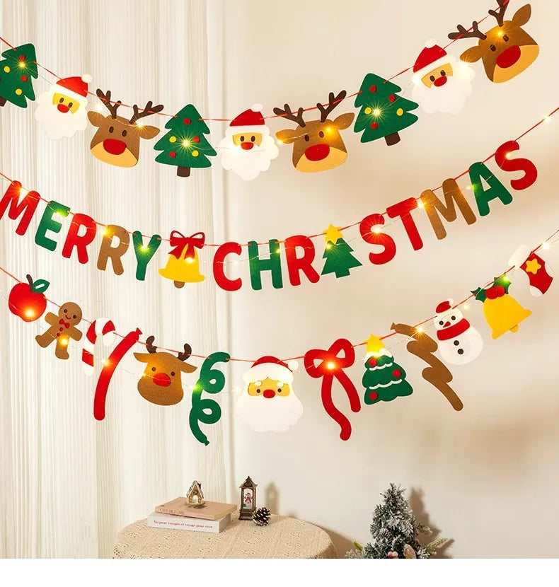 DIY Handmade Pull Flag Banner with LED Light String Merry Christmas Holiday Ornaments Home Room Background Christmas Decoration