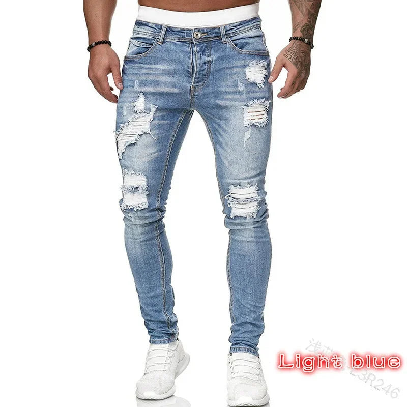 Ripped Men Jeans Denim Pant Mid Waist Slim Fit  Vintage Denim Wash Punk Style Skinny Pencil Pants Distressed Holes Ankle Length