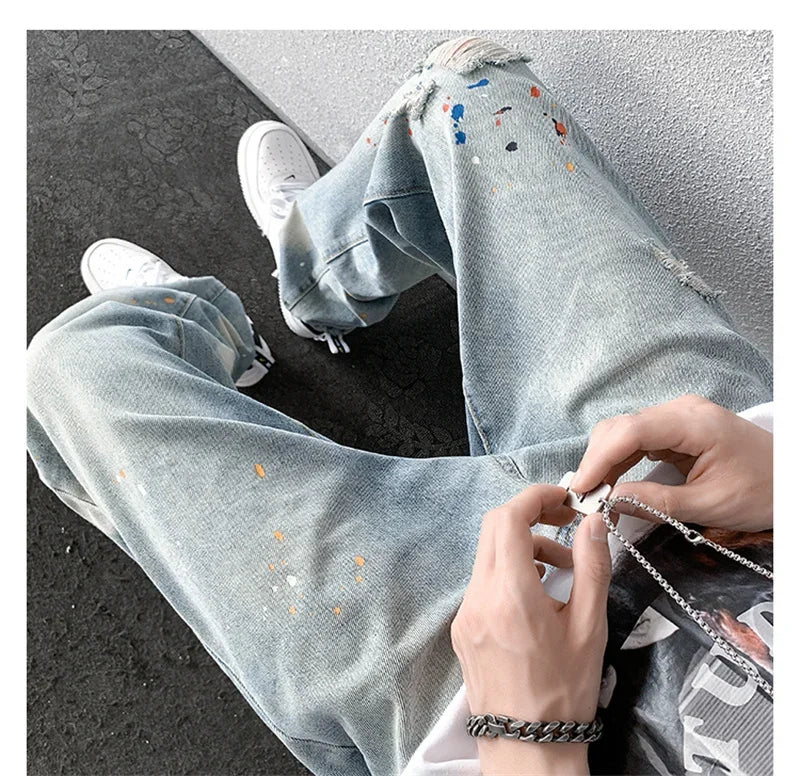 Men's Splashing ink Ripped Baggy Jeans 2024 New Hip Hop Fashion Graffiti Holed Straight-leg Denim Pants Y2k Streetwear Jean