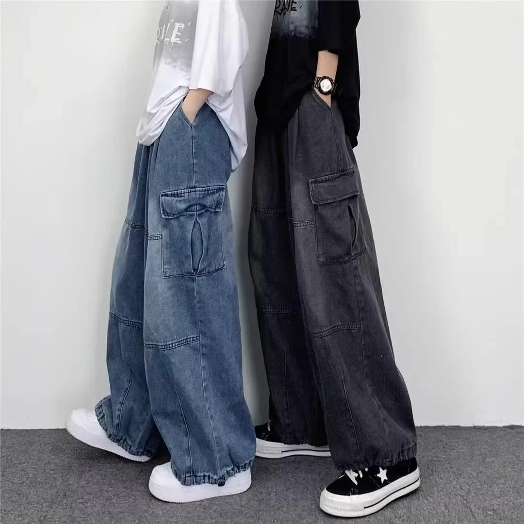 Men Denim Jeans Wide Leg Pants Cargo Long Pant Splice High Waist Loose Casual Button Pocket Straight Trousers Autumn Winter