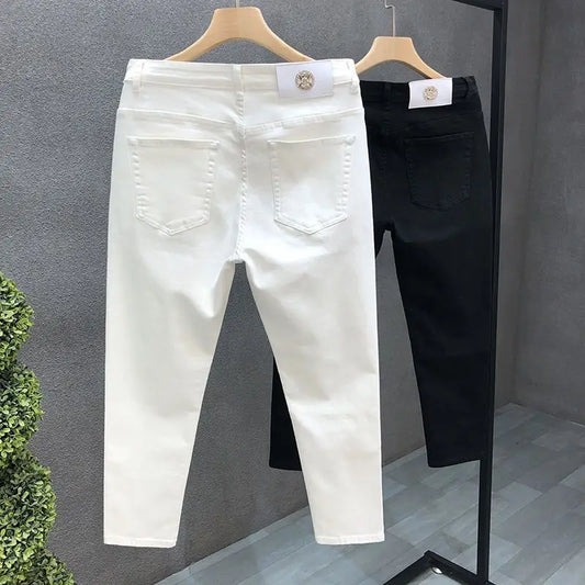 High-Quality Korean Street Men's Slim Jeans for Spring and Autumn with Denim Fabric and Casual Solid White Black Punk Trousers