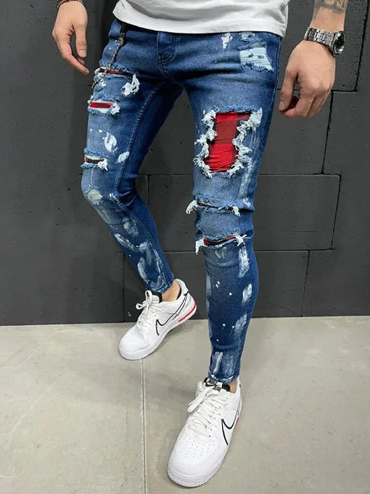 Pantalones vaqueros con estampado de rayas para hombre, de algodón elástico, rotos, ajustados, de alta calidad, estilo hip hop, con agujeros negros, ajustados, de gran tamaño.