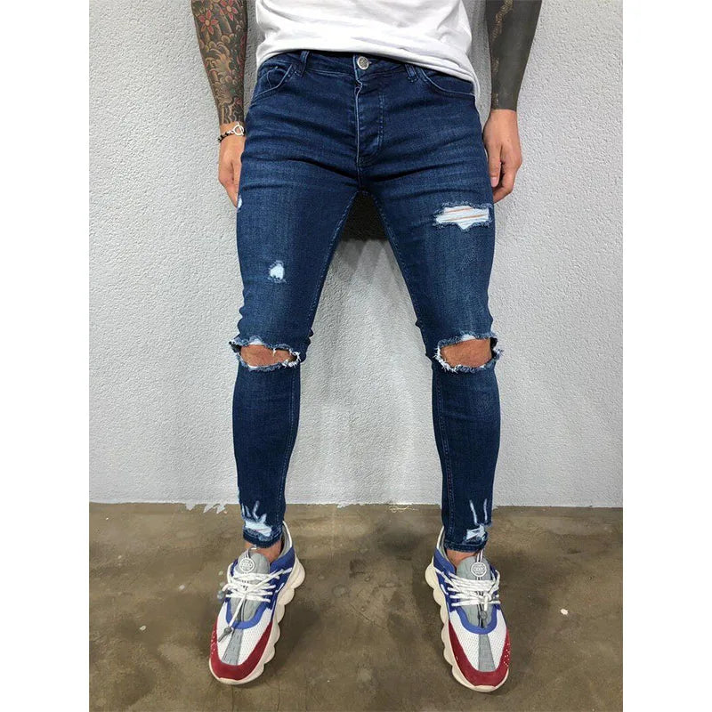 Fashion Street Style Knee Ripped Skinny Jeans Men Vintage Wash Solid Denim Trouser Mens Casual Slim Jogging Pants Men Clothes