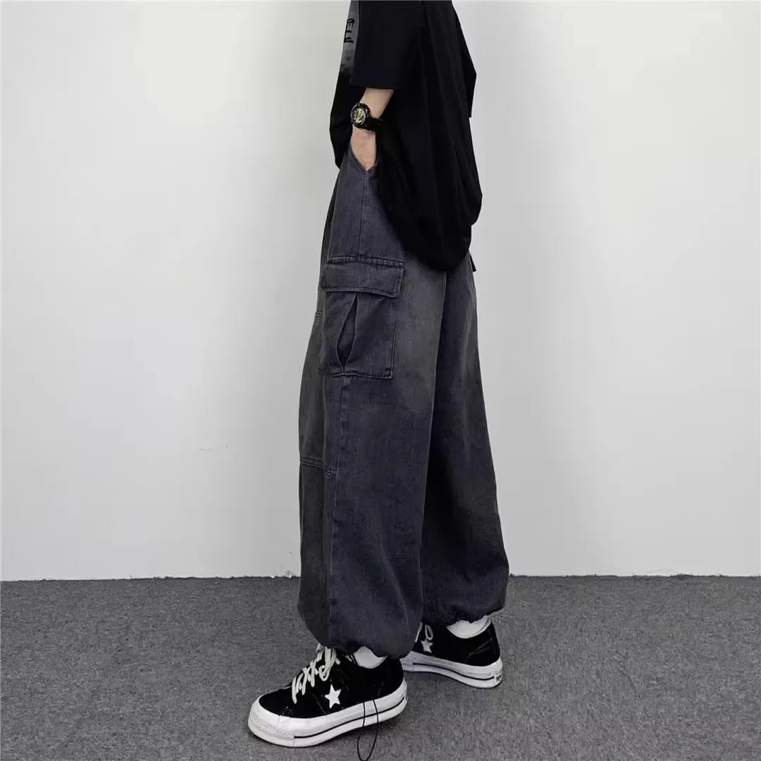 Men Denim Jeans Wide Leg Pants Cargo Long Pant Splice High Waist Loose Casual Button Pocket Straight Trousers Autumn Winter