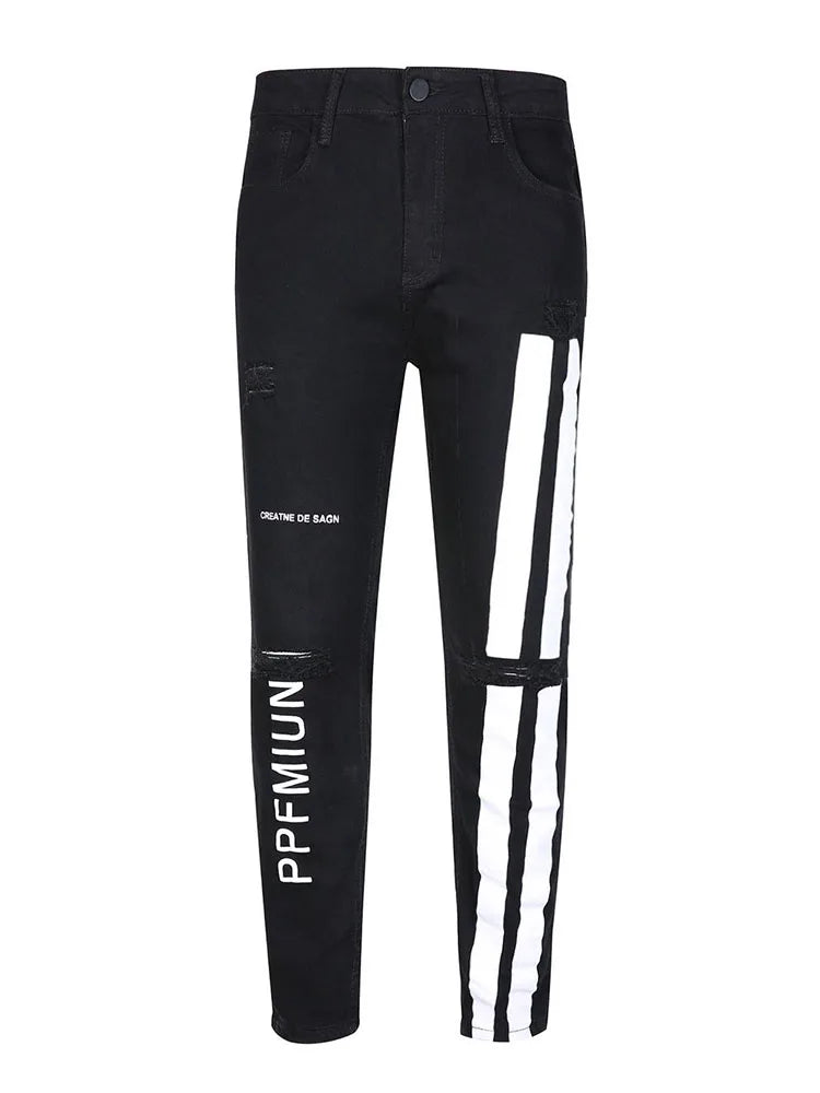 Pantalones vaqueros con estampado de rayas para hombre, de algodón elástico, rotos, ajustados, de alta calidad, estilo hip hop, con agujeros negros, ajustados, de gran tamaño.