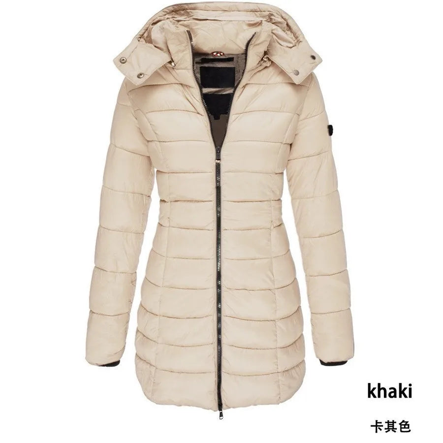 Autumn Winter Solid Color New Women's Cotton-padded Clothes Long Slim-fitting Parka Zipper