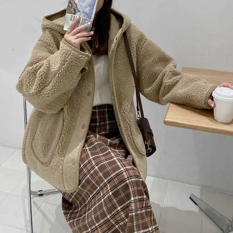 Lamb Wool Coat Women Parkas Thick Warm Coats Korean Solid Single Breasted Hooded Loose Tops Jacket Splice Regular Winter