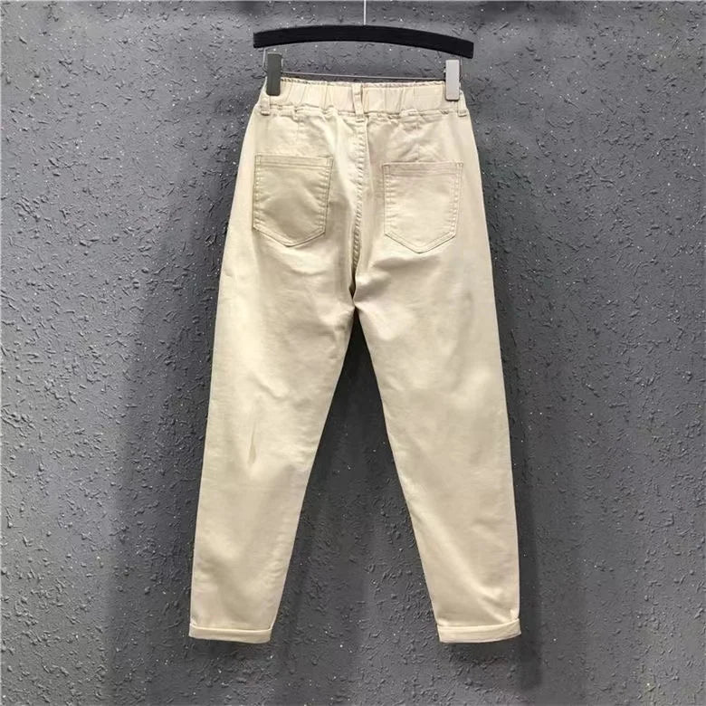2025 Fashion Summer Women Harem Pants All-matched Casual Cotton Denim Pants Elastic Waist Solid Yellow White Jeans Female 3XL