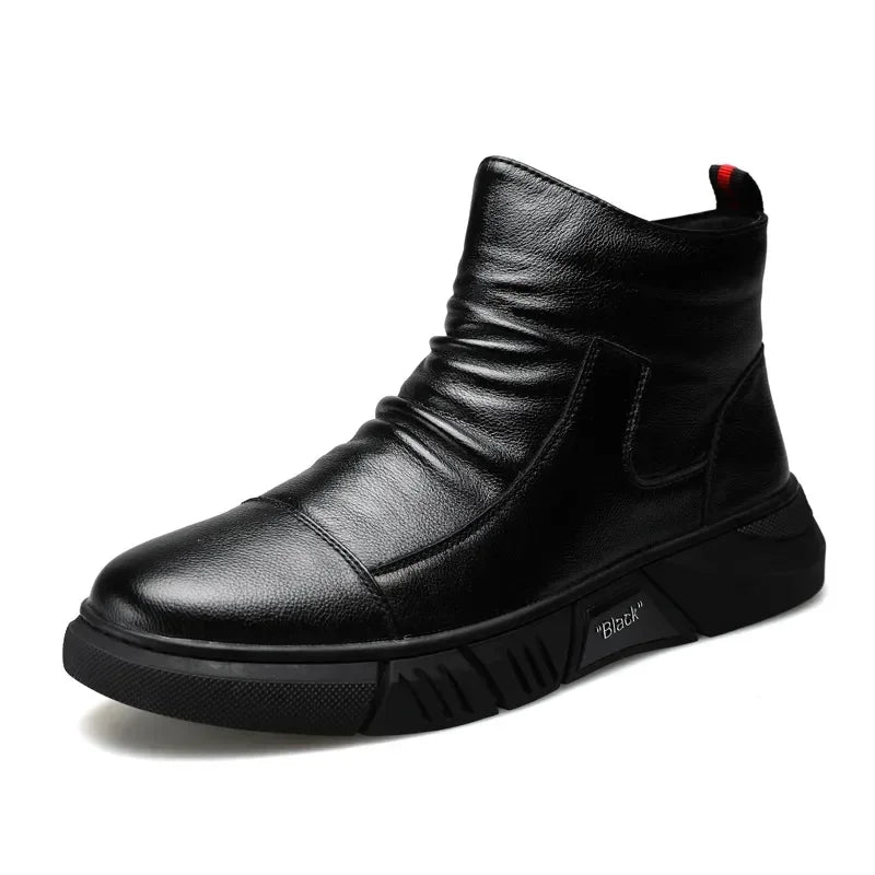 Bottes en cuir tendance pour hommes, bottes d'hiver chaudes et chaudes, chaussures en coton, bottes montantes décontractées en cuir, style britannique, chaussures pour hommes